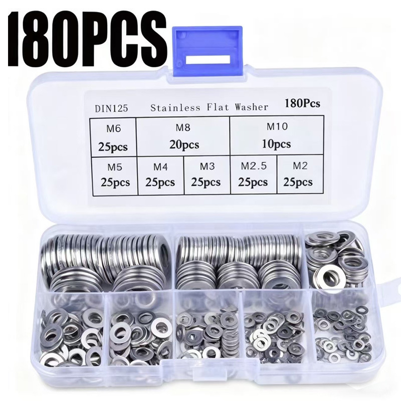304不锈钢垫片盒装180pcs金属垫圈组合平垫片华司介子跨境
