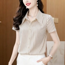 高端条纹短袖衬衫女装夏季2026新款中年女士衬衣洋气减龄妈妈上衣