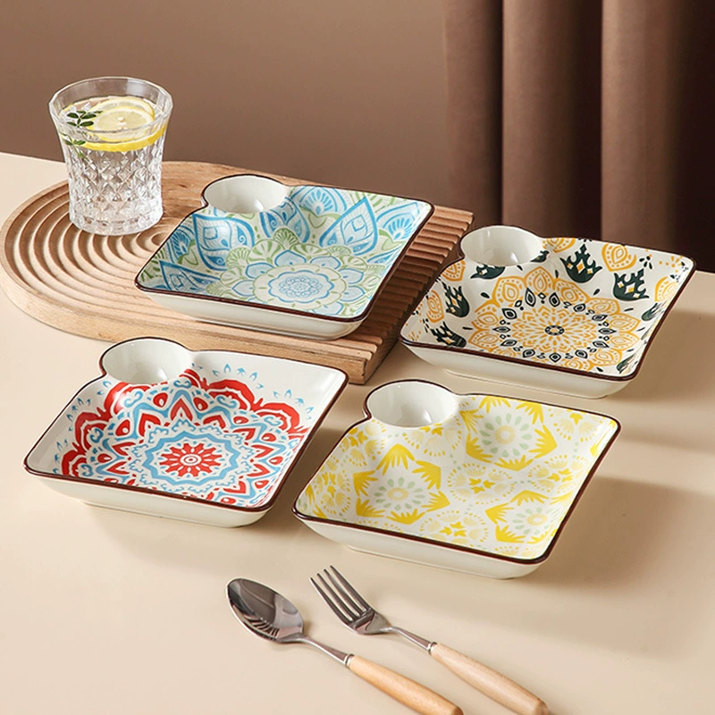 Dumpling Plate (Samia) Modern Wave Square with Sauce Well, Decorative Multi-Pattern Serving Dish