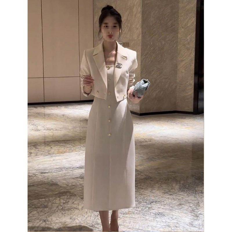 法式气质小香风套装女秋季2025新款短款外套背心连衣裙两件套|undefined
