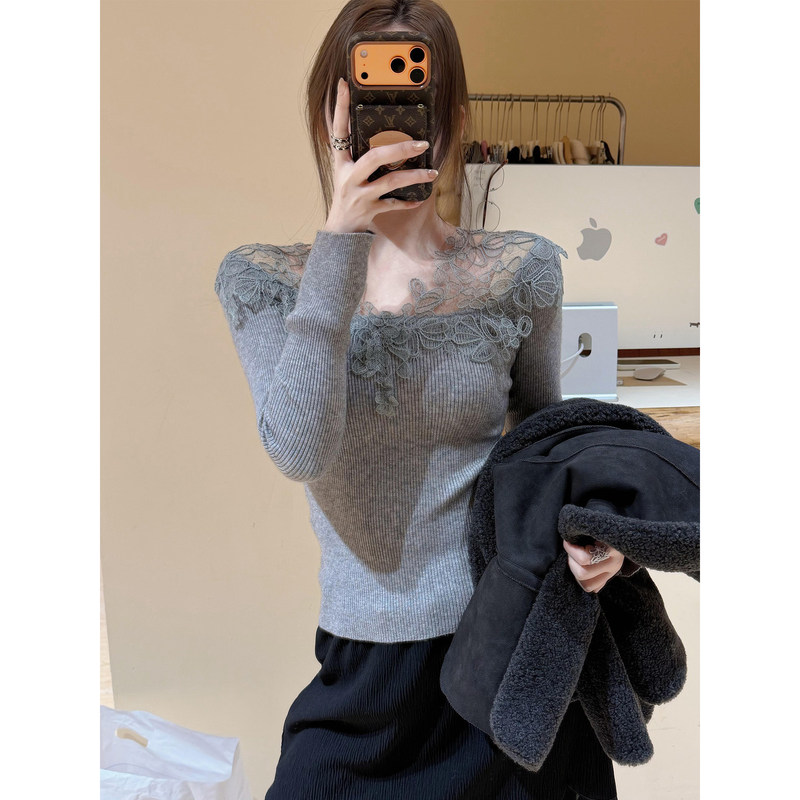 Pure Desire Style V-Neck Lace Patchwork Base Shirt for Women, Spring and Autumn Inner Wear, Long-Sleeve Slim-Fit Spicy Girl Knit Sweater