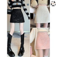 法式小香风半身短裙女秋冬2025秋季新款亮片裙粗花呢一步包臀裙子