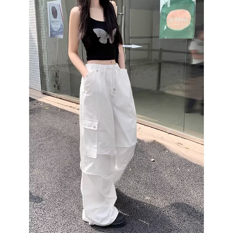 Street Spice Girl Multi-Pocket Crane Pants Women's Summer Small Thin Slim Leg Drawstring White Wide Leg Casual Pants