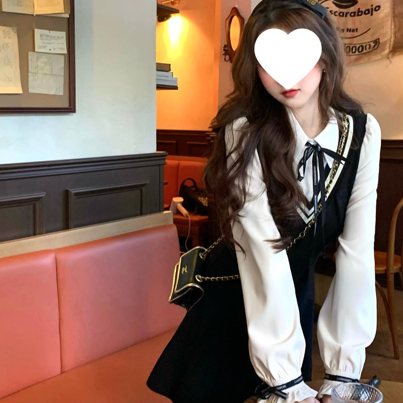 Q Women's Windsor Academy/Fake Two-Piece Shirt Slimming Long-Sleeve Black Dress for Petite Women Early Autumn 2025