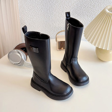 女童高筒靴2025冬新款复古小女孩长筒骑士靴黑色皮靴保暖宝宝靴子