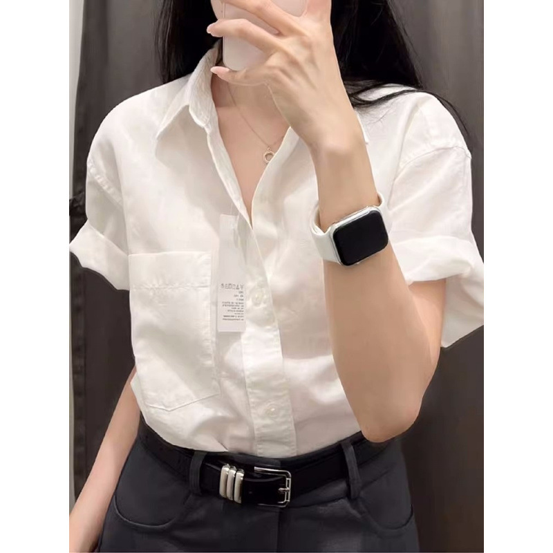 白色短袖衬衫女夏季小众设计高级感休闲百搭通勤衬衣宽松半袖上衣|undefined