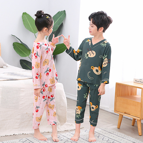Children's pajamas summer thin children's air-conditioned clothes cotton silk home clothes set cotton silk solid color printing one piece drop shipping