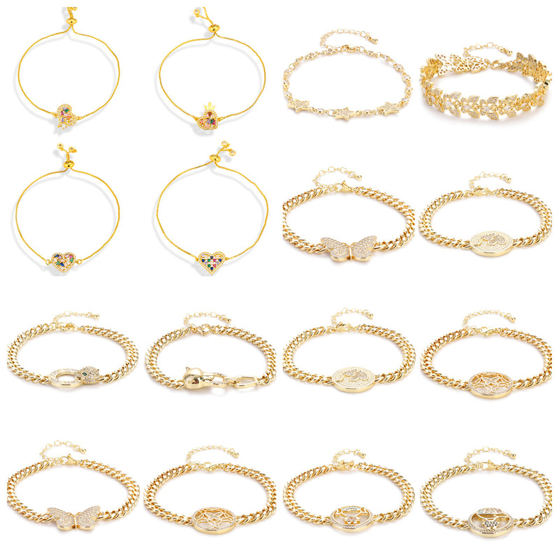 European and American Style Layered Copper Bracelet for Women with Butterfly, Heart, Evil Eye, White Zircon Pendant, Simple Cuban Chain, Gold Chain Accessory