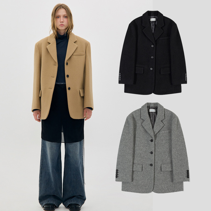 Now~ Korean Low-Class*Ic Winter New Style Wool Solid Color Suit Collar Mid-Length Single-Breasted Woolen Coat