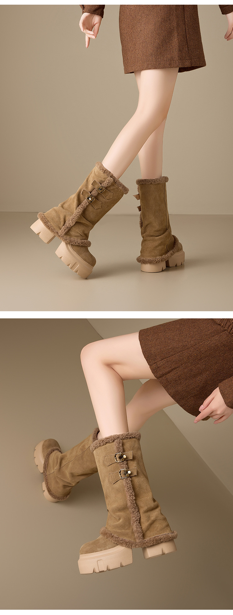 Boot nữ cổ cao ôm bắp chân, đế dày tăng chiều cao 12 cm, lót lông ấm, chất liệu cotton dày màu kaki — nhung đen chi tiết 7