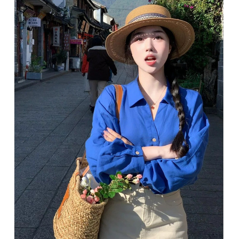 French Klein Blue Polo Shirt Women's 2025 New Spring Design Sense Niche Elegant Long Sleeve Top