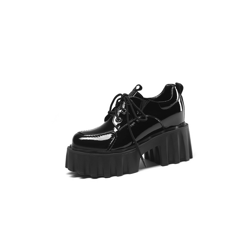 Giày cao gót nữ đế xuồng platform phong cách Anh, mặt bóng, gót 10 cm — Màu đen