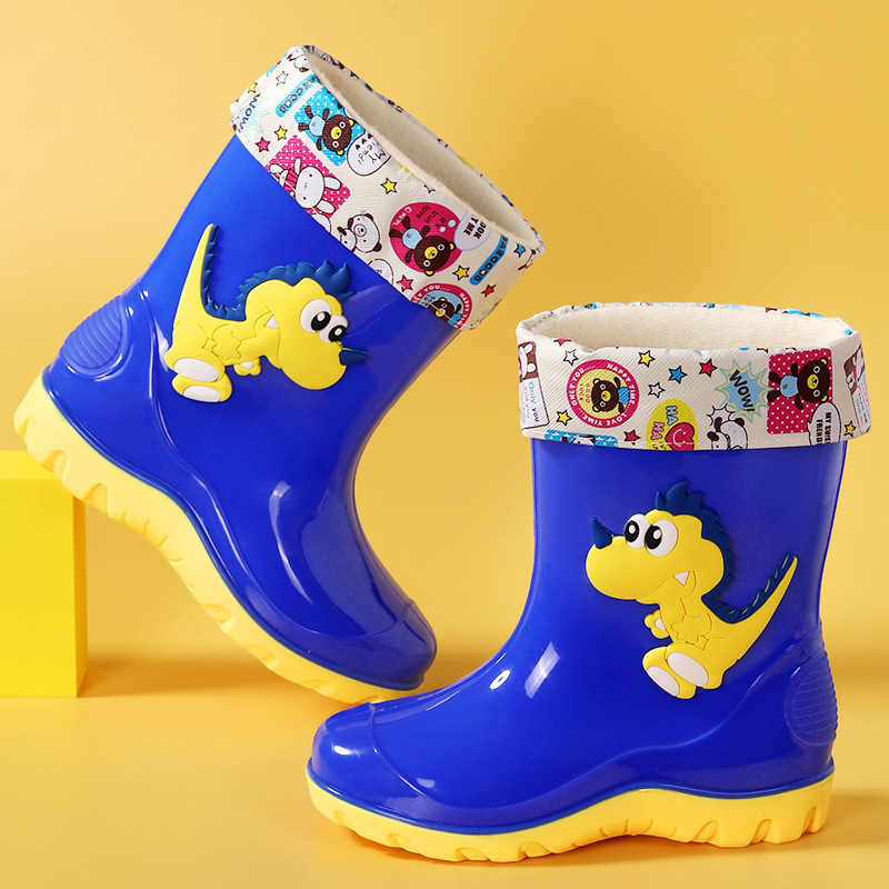 New Cute Kidsren's Rain Boots, Medium and Large Kidsren's Dinosaur Rain Boots, Students' Boys and Girls' Overshoes, Medium Tube Water Shoes, Fleece-Lined Rubber Shoes