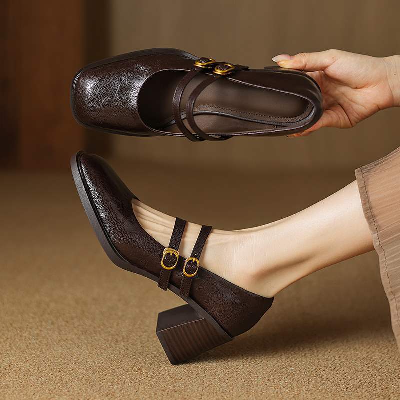 French Style Dress 6.5cm Thick Heel High Heel Shoes Retro Lambskin Square Toe Women's Small Leather Shoes with Mary Jane