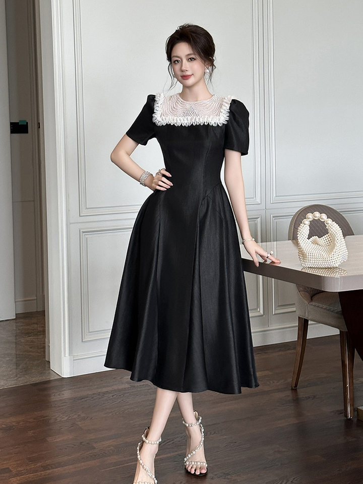 Váy maxi nữ thắt eo kiểu Hepburn thanh lịch, dáng xòe eo thon — Màu đen