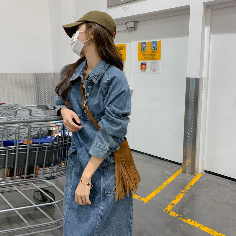Retro blue autumn denim dress