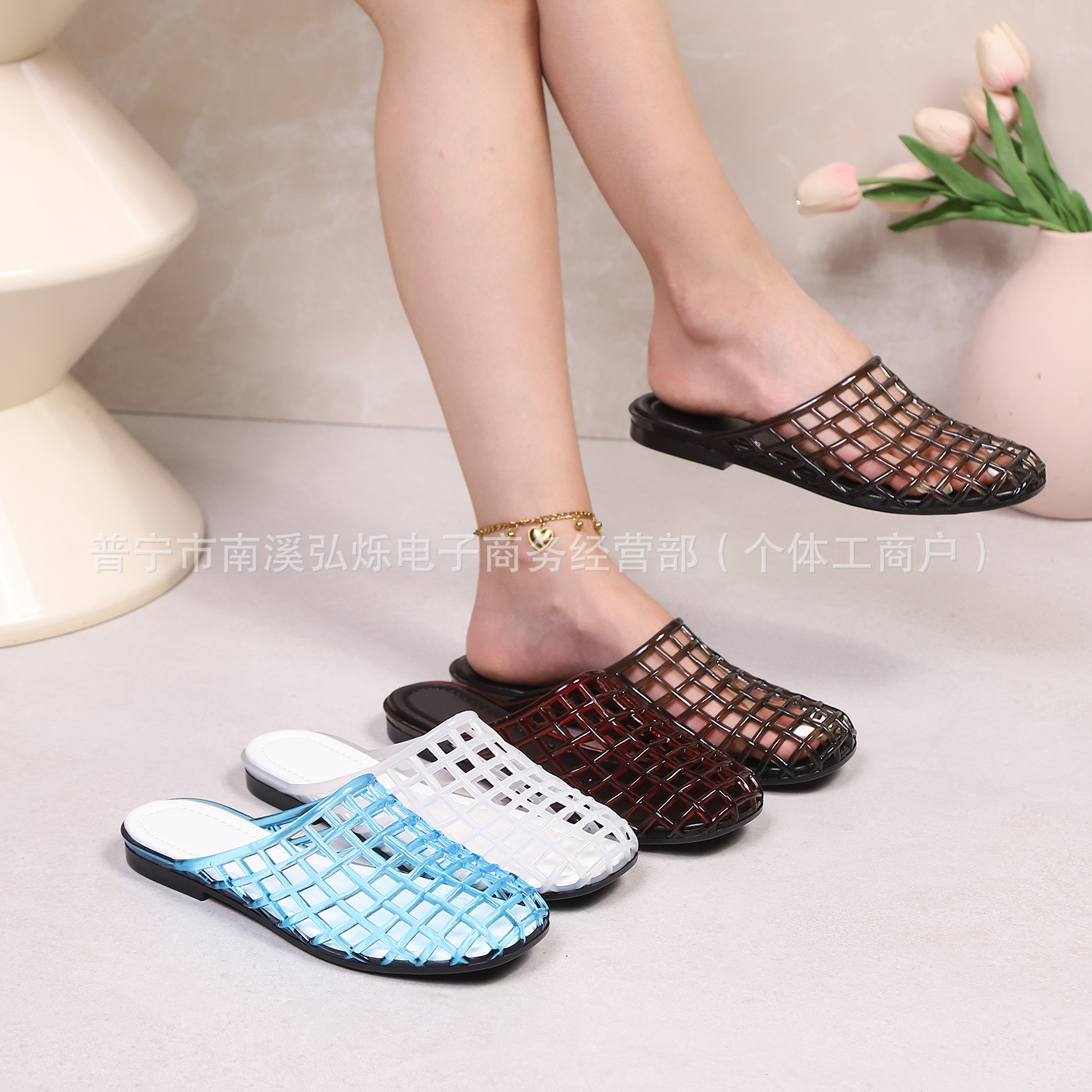 水晶网鞋平底凉鞋闭趾圆头一脚蹬夏季拖鞋穆勒鞋透气新女士果冻鞋
