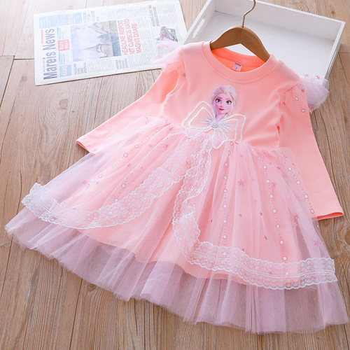 ELSA24 spring new girls dress ice and snow aishang princess dress lace tutu skirt birthday dress dress