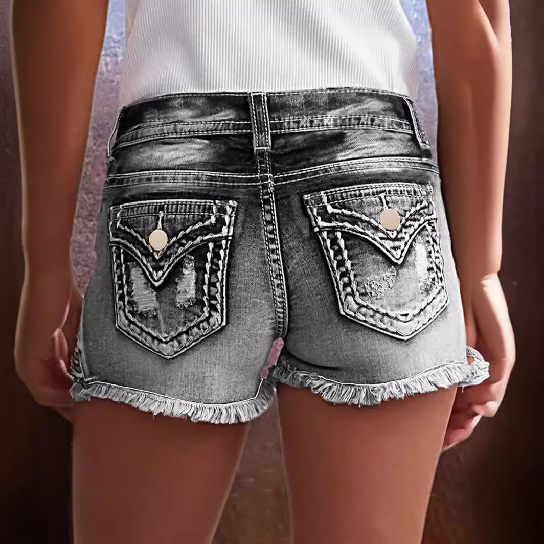 Women's European And American Fashion Ins Hot Style Elastic Patch Embroidered Ripped Denim Shorts_ecoleips.com