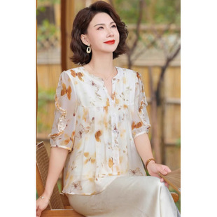 Young Mother Summer Clothes 2025 New Style Large Size 40 and 50 Years Old Middle-Aged and Elderly Women Summer Chiffon Tops