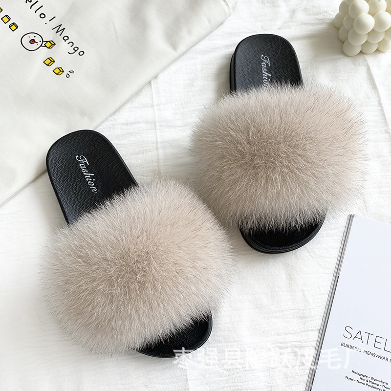 Amazon transfronterizo zapatillas de pelo de zorro real zapatillas de pelo de fondo plano zapatillas de pelo de mujer zapatillas de pelo de verano nuevas exportaciones