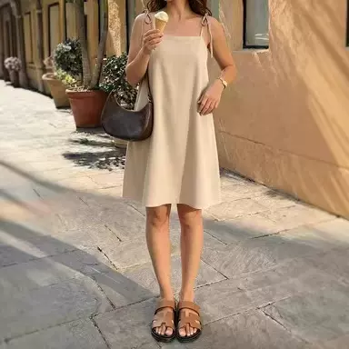 2026新款跨境女士优雅细肩带可调节纯色方领A字裙百搭显瘦连衣裙