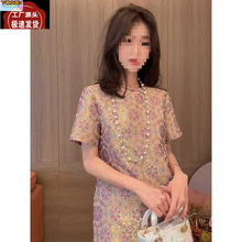 新中式国风盘扣提花圆领短袖连衣裙女夏天设计感高级气质复古裙子