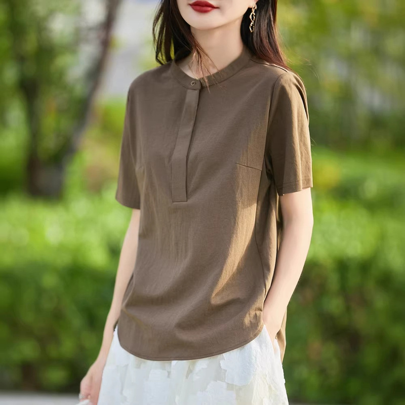 Tencel Cotton Linen Stand Collar Short-Sleeve Shirt for Women, New Summer Style, Simple Solid Color Versatile Half-Open Collar Loose Top