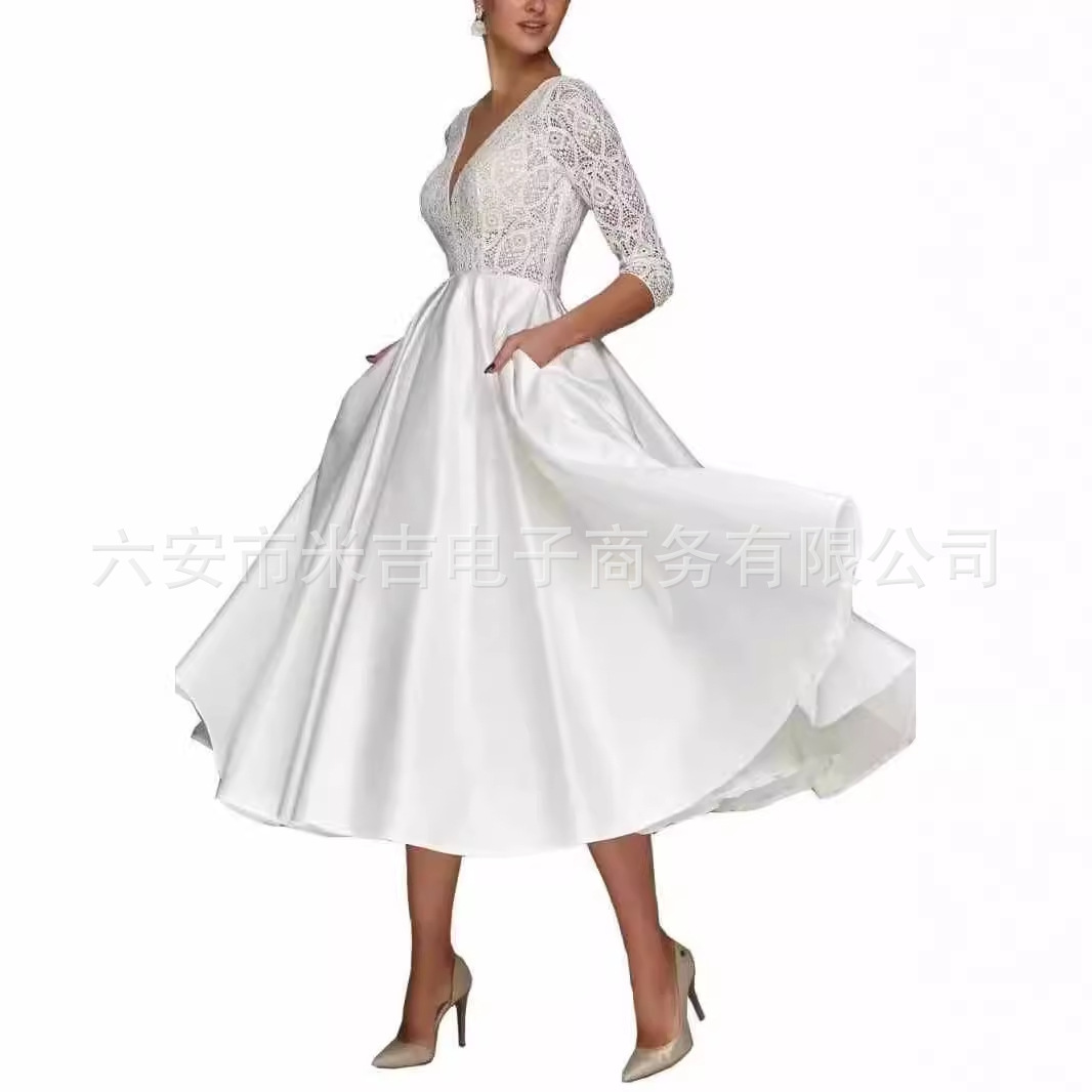 2025 New Wedding Dress European and American Deep V-Neck Amazon Dress Mid-Sleeve Solid Color Fashionable Lace Bridal Wedding Dress Spring