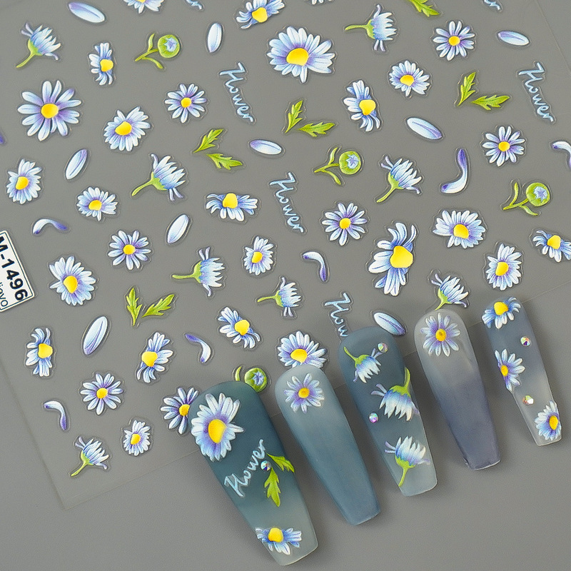 Spring Colorful Little Wild Flower Manicure Embossed Stickers Romantic Oil Painting Fresh Simple Cute Nail Stickers New Style