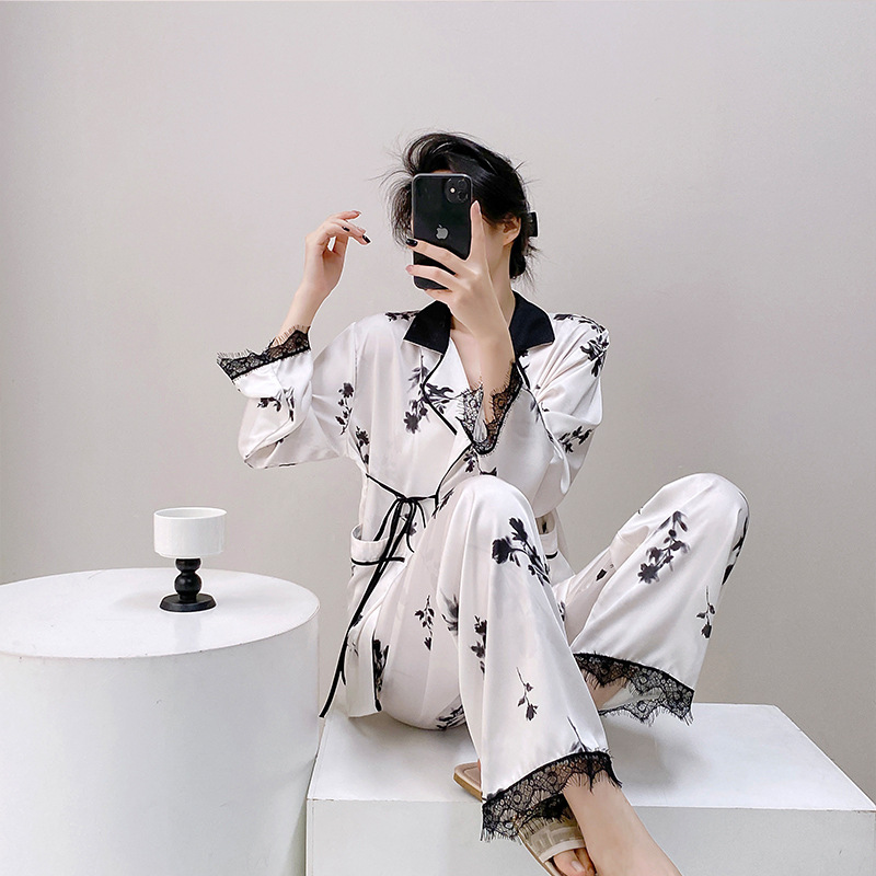 잉크 스타일 스트랩 내셔널 스타일 잠옷 봄 새로운 스타일 실크 파자마 홈 착용 복장 긴 소매 레이스 커프