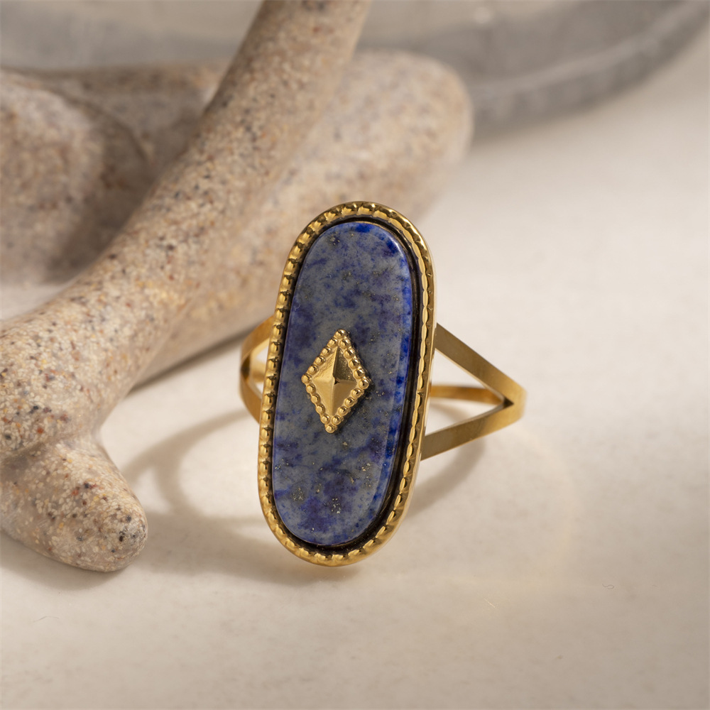 Anillo de acero inoxidable europeo y americano de Tena, acero de titanio, anillo cerrado de labslázuli natural que no se desvanece, diseño de nicho femenino transfronterizo