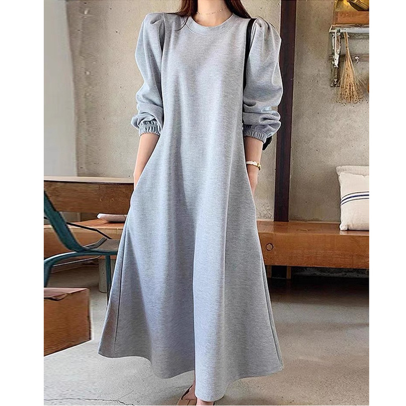 South Korea chic autumn minimalist round neck double pocket waist slimming puff sleeve long sweater dress women