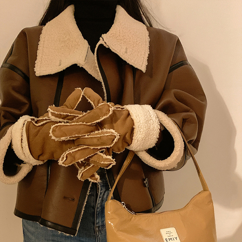 Wildleder-Fünffingerhandschuhe für Damen für den Winter, warm, samtig, winddicht und kältebeständig, für Elektrofahrzeuge, süß im Winter_voghion.com