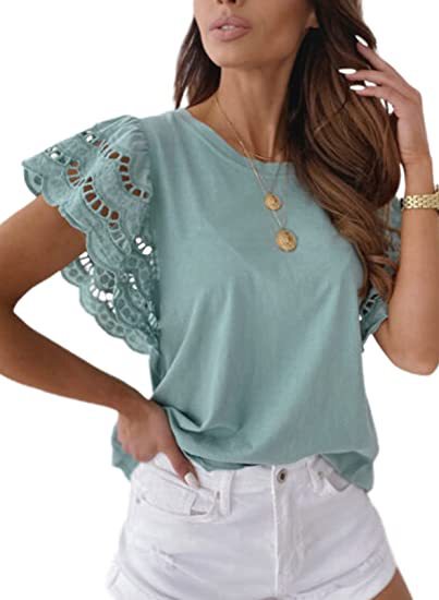 2022 Women's Casual Round Neck Trumpet Sleeve T-Shirt Solid Color Crochet Elegant Shirt Top Lightweight Loose Shirt