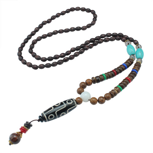 Ethnic Style Tibetan Nine-Eye Dzi Agate Necklace for Men and Women Couple Wooden Long Sweater Chain Retro Accessory Pendant
