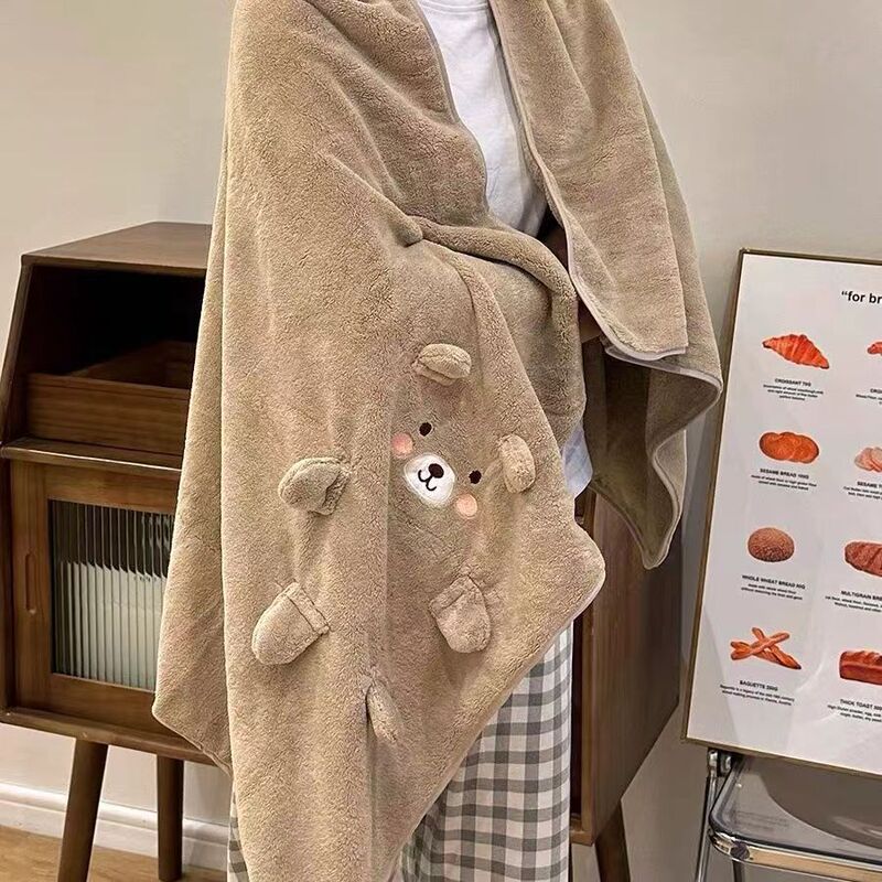 Three-dimensional Bear Coral Fleece Quick-drying Bath Towel Embroidered Thickened Edge Cute Adult Student Dormitory Wrapping Towel Household