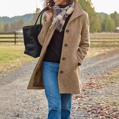 Autumn and winter cross-border European and American new women's clothing independent station retro medium-length solid color women's woolen coat for women
