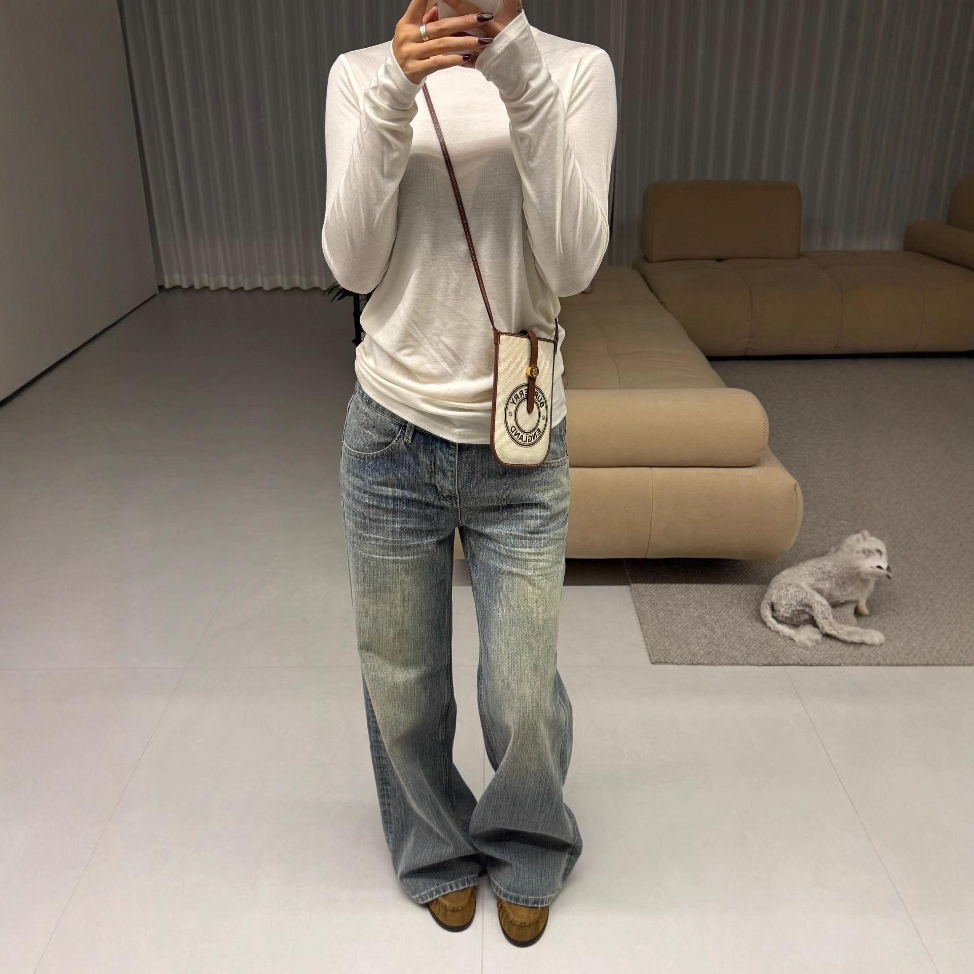 New Retro Washed Blue Otaku Style Three-Dimensional Whisker Pleated Mid-Low Waist Denim Casual Pants for Women 5025