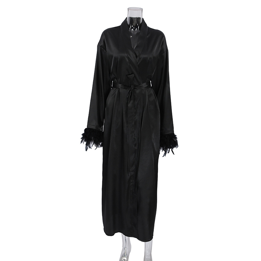 Autumn 2024 New Black Feather Cardigan Long Nightgown Loose and Comfortable Colored Ding Women's Home Fury_voghion.com