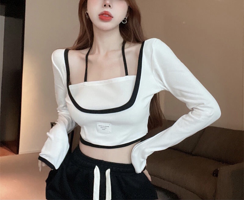 In stock fake two-piece contrast color halter pure hot girl top sexy square collar long sleeve slim knit bottoming shirt summer