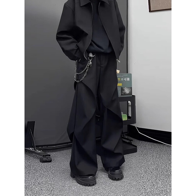 Cross-Border Black Scimitar Micro-Flared Trousers with Drapey Pleated Paratrooper Workwear Pants for Men, Summer Wide-Leg Casual Pants for Men Cross-Border Black Scimitar Micro-Flared Trousers with Drapey Pleated Paratrooper Workwear Pants for Men, Summer Wide-Leg Casual Pants for Men