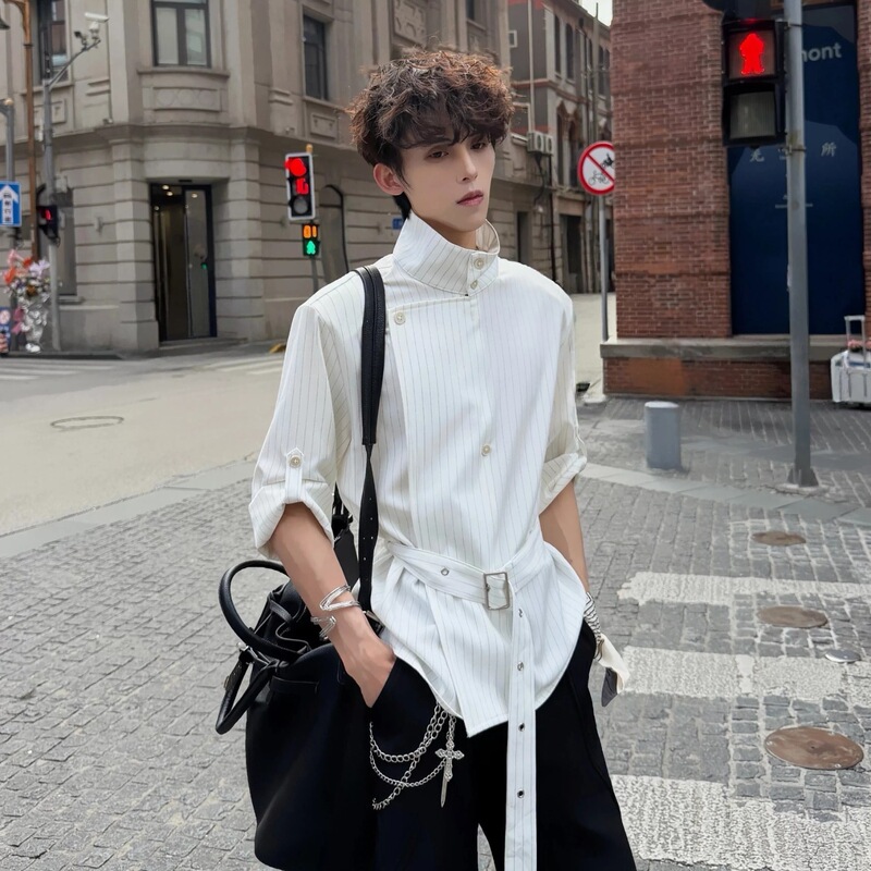 HANYARTGRN Original Men's Short-Sleeve Shirt with Vertical Stripes, Half-Open Collar, Shoulder Pads, and Straps, Summer Trendy Shirt HANYARTGRN Original Men's Short-Sleeve Shirt with Vertical Stripes, Half-Open Collar, Shoulder Pads, and Straps, Summer Trendy Shirt