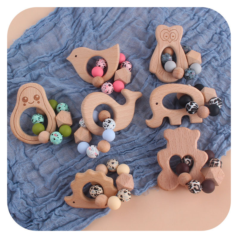 Bebé DIY creativo haya chupete clip pezón Cadena de leopardo perlas silicona Beech animal juguete teether palo