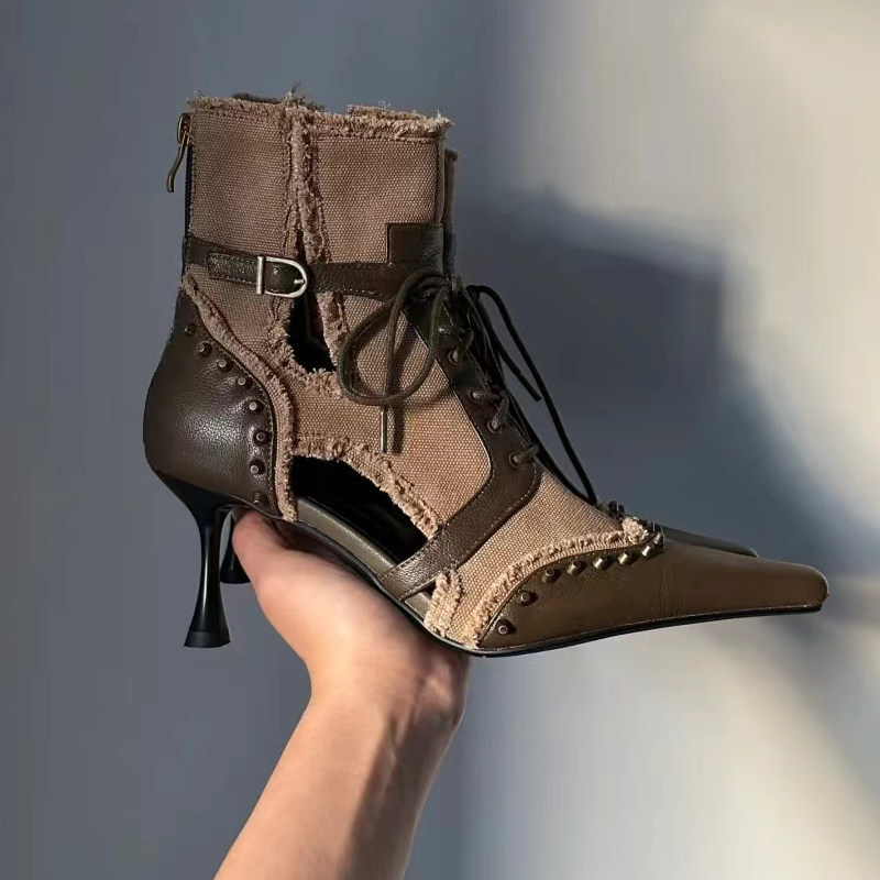 Designer-Inspired Wasteland-Style Pointed-Toe Stiletto High Heels with Back Zipper, Short Martin Boots, Cut-Out Fashion Boots Designer-Inspired Wasteland-Style Pointed-Toe Stiletto High Heels with Back Zipper, Short Martin Boots, Cut-Out Fashion Boots