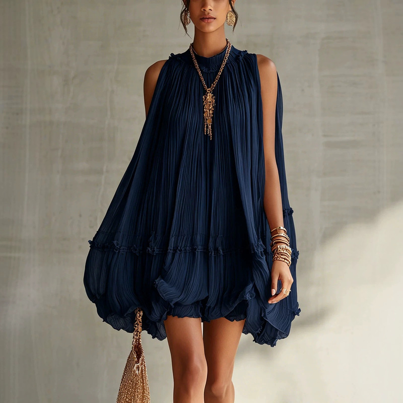 Sleeveless Pleated Short Skirt for Women, Loose Fit with Ruffled Edges, A-Line Babydoll Dress for Vacation, Short Dress Yj1562 Sleeveless Pleated Short Skirt for Women, Loose Fit with Ruffled Edges, A-Line Babydoll Dress for Vacation, Short Dress Yj1562