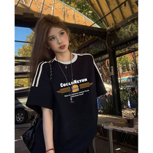 100%纯棉三条杠短袖春夏秋季内搭圆领打底衫男女士美式T恤上衣