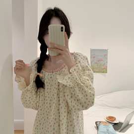 批发货源 春装新款棉纱花朵花边连衣裙家居服睡衣