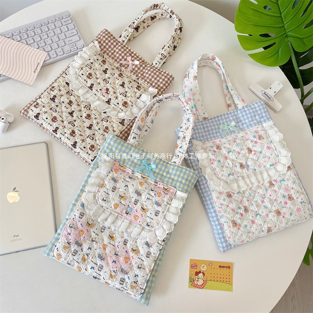 65237 Floral Quilted Flat Storage Bag with Bow Decoration, Japanese-Style, Vibrant Design, iPad Protective Handbag