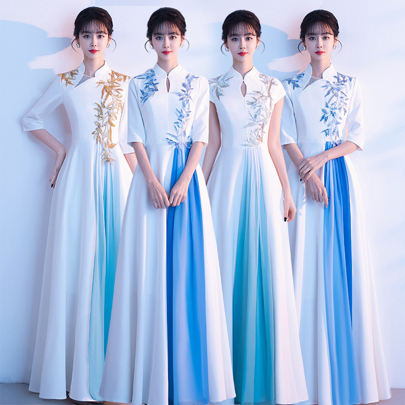 Student Choir Performance Clothing Women's Long Skirt Chinese Style White Host Recitation Middle-Aged and Elderly Guzheng Performance Evening Dress